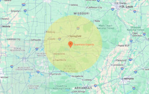 Map of coverage area for Seamless Experts residential and commercial exterior remodeling Ozarks Missouri
